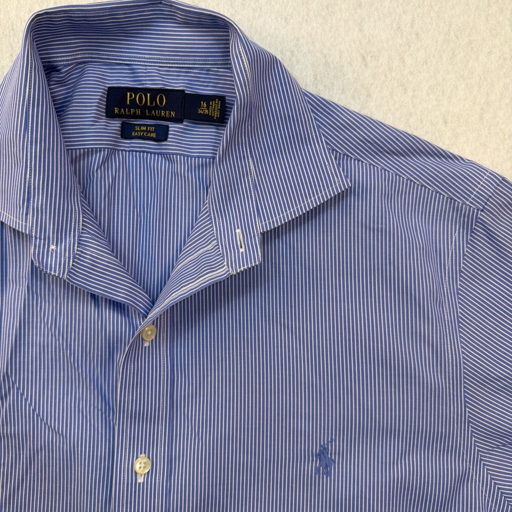 Polo Ralph Lauren Men 16 34/35 Slim Fit Easy Care Blue White Striped Shirt